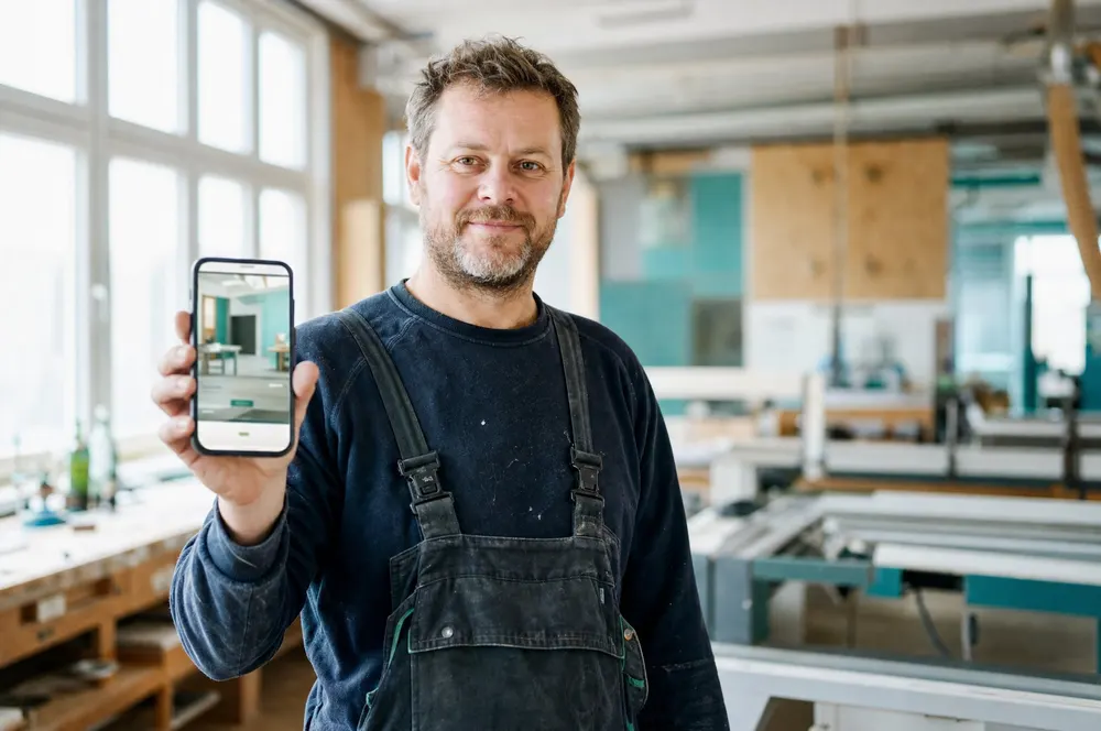 Handwerker zeigt in seiner Werkstatt die neue Website seines Betriebs auf dem Handy