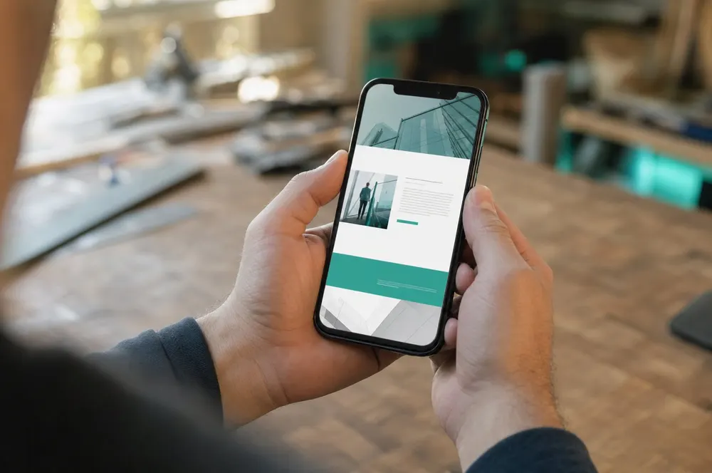 Hände halten ein Handy, auf dem eine neu gestaltete Website angezeigt wird